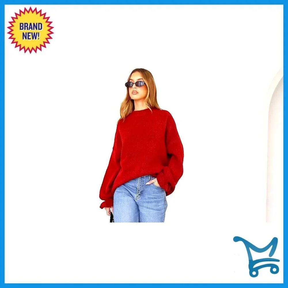 Oversized Knit Pullover Sweater Crewneck Fuzzy Warm Long Sleeve Loose Fit